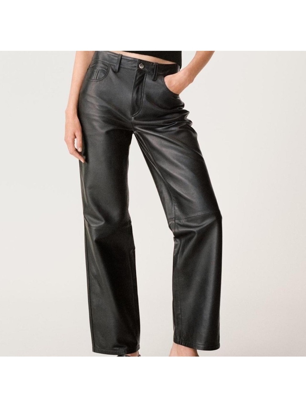 Zara Black Faux Leather Trim Wide-Leg Pants